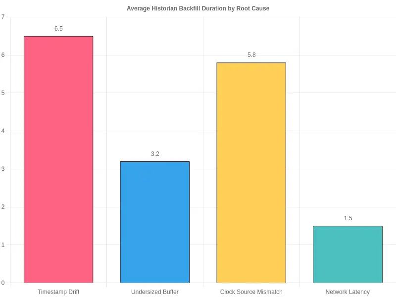 Bar chart comparing average historian backfill duration in hours by root cause