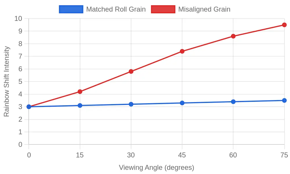 Line chart comparing rainbow shift intensity across viewing angles for matched roll grain versus misaligned grain