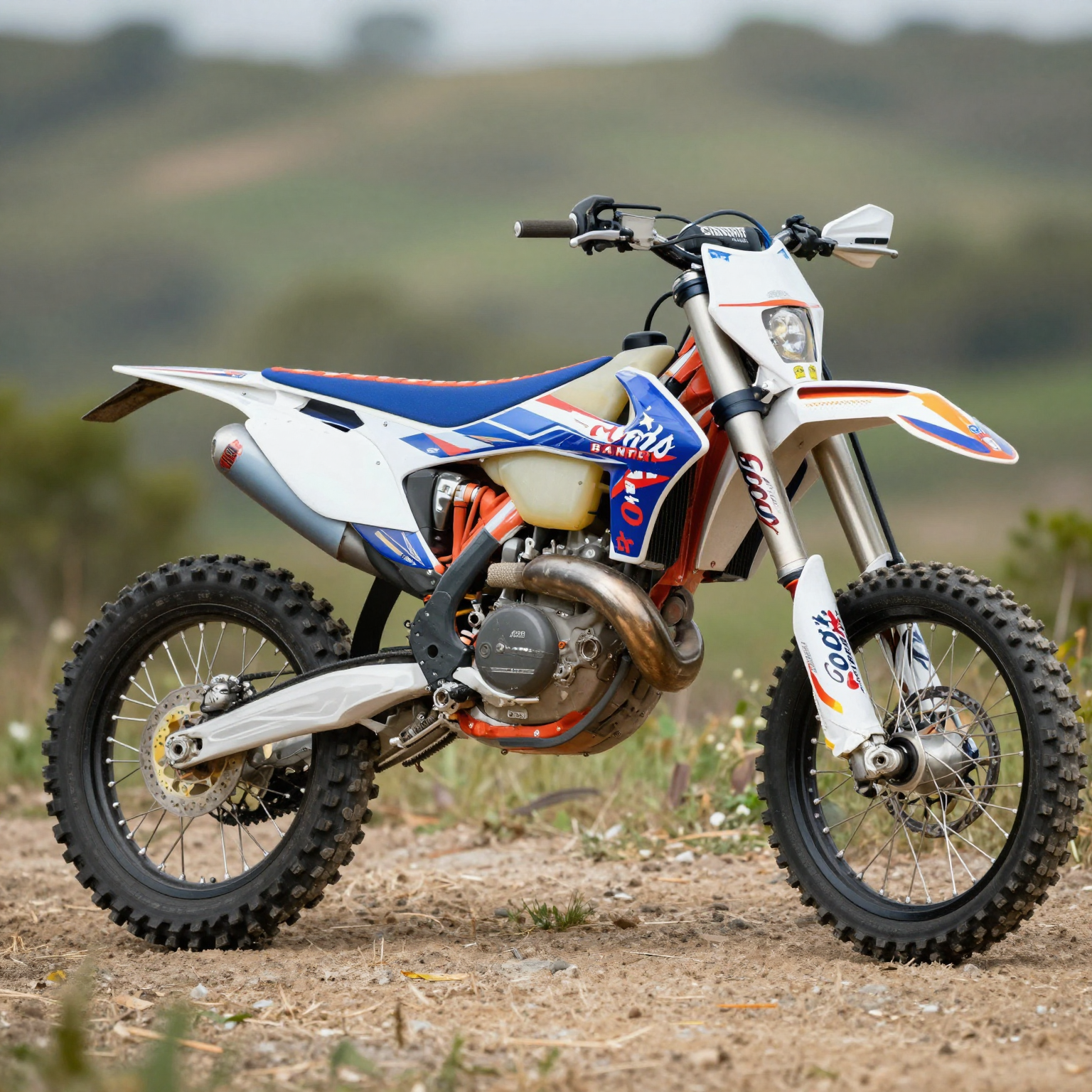 Dirt bike with Coors Banquet-inspired graphics