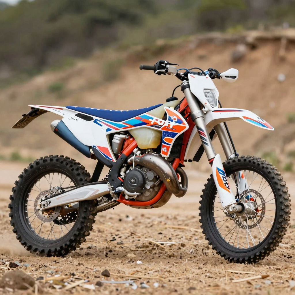 A vibrant custom dirt bike with a graphics kit