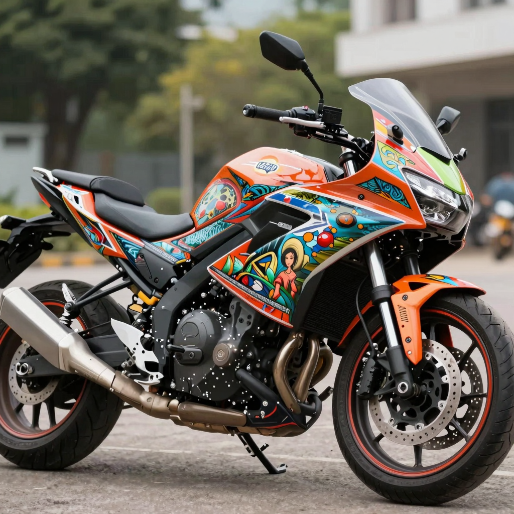 A beautifully customized motorcycle featuring intricate hand-painted-style graphics inspired by personal history.