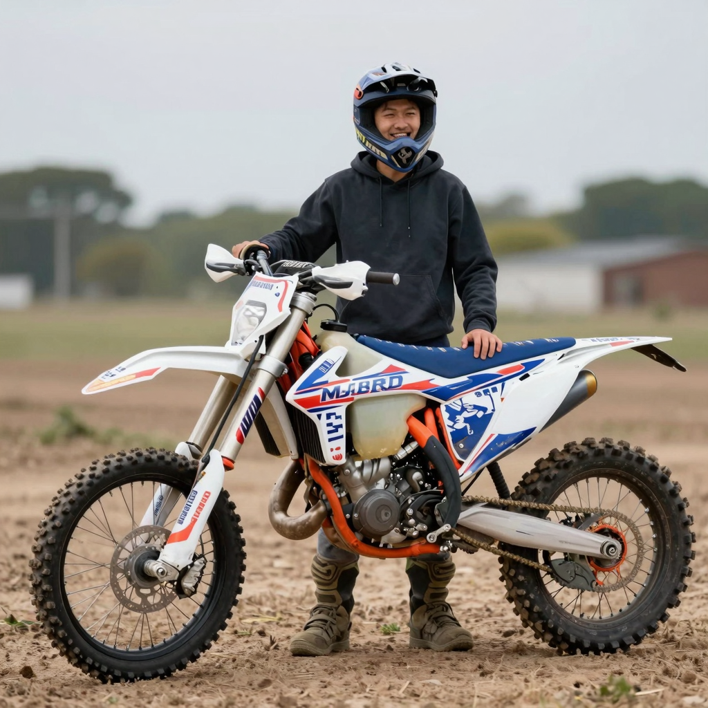 A satisfied dirt bike rider showcasing their customized bike graphics, smiling with joy.