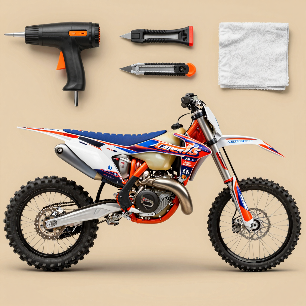 Step-by-step graphic representation of applying custom graphics to a dirt bike
