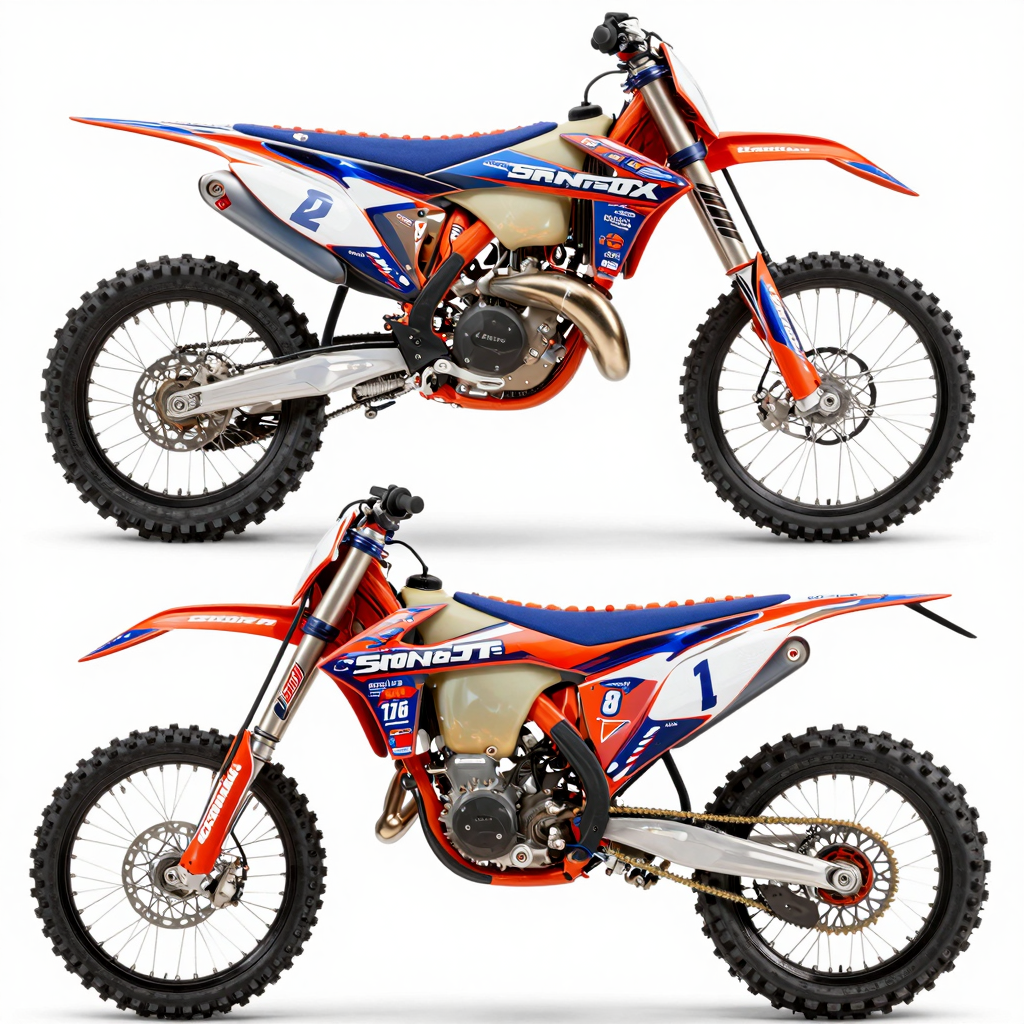 Various custom dirt bike graphics showcasing colorful designs and patterns