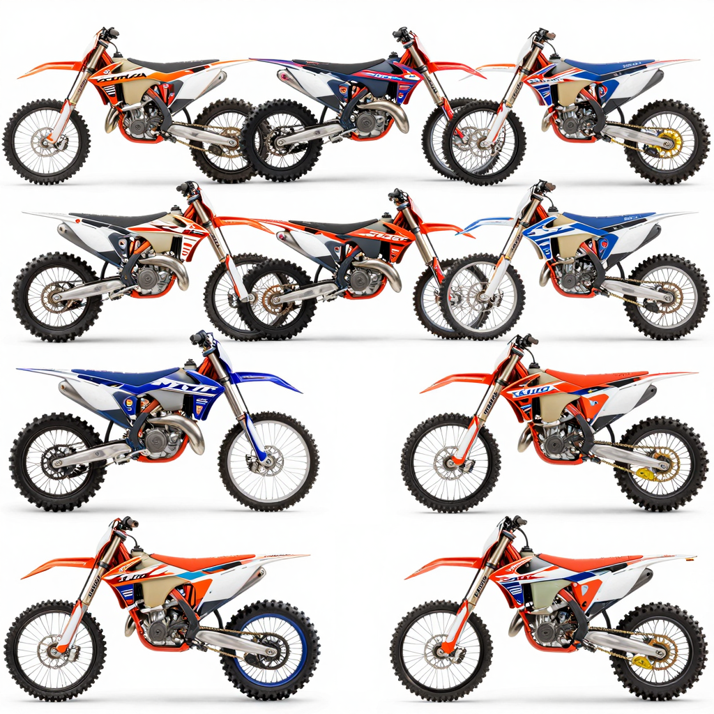 Vibrant dirt bike graphics showcasing diverse styles and color palettes.