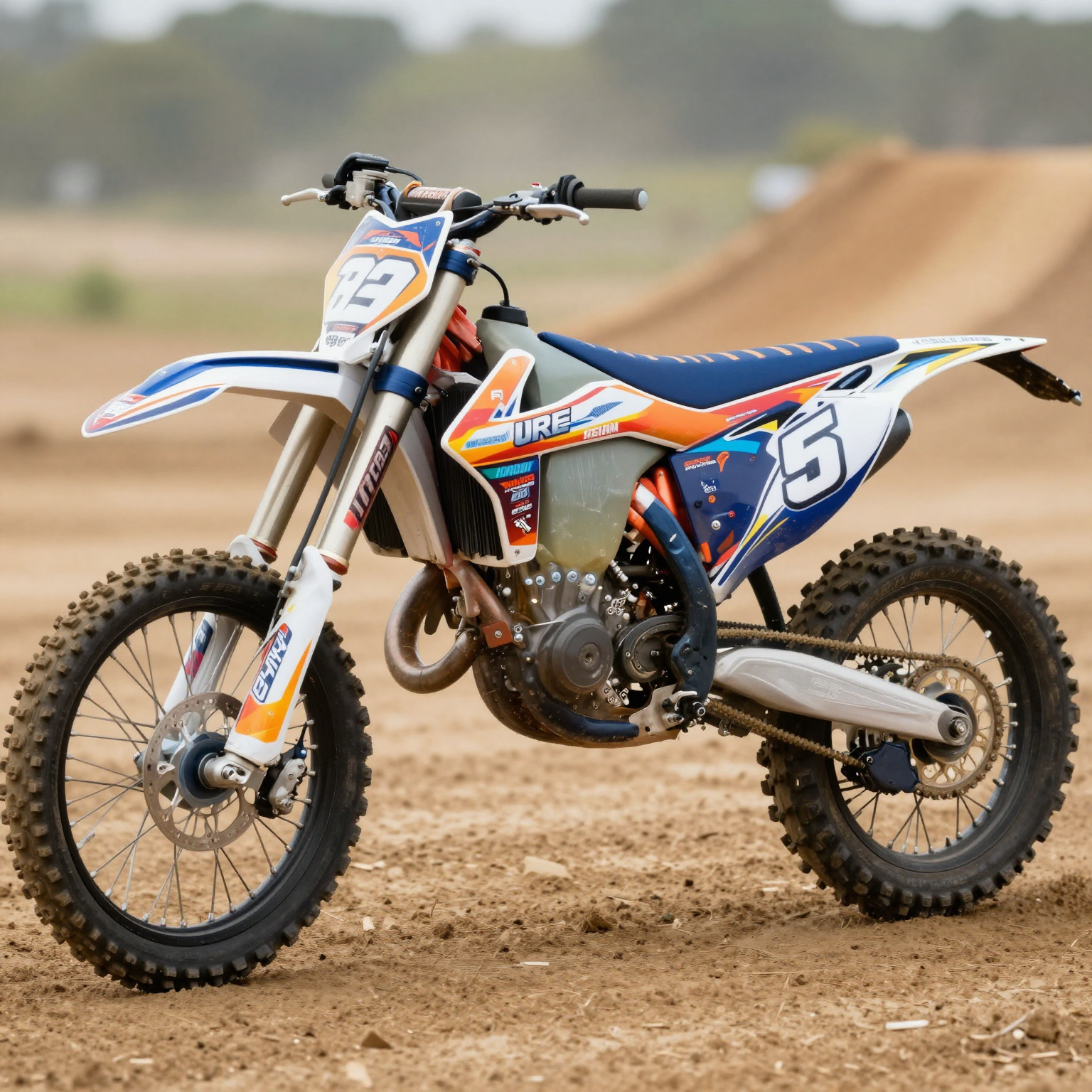 Decorated dirt bike showcasing vibrant graphics