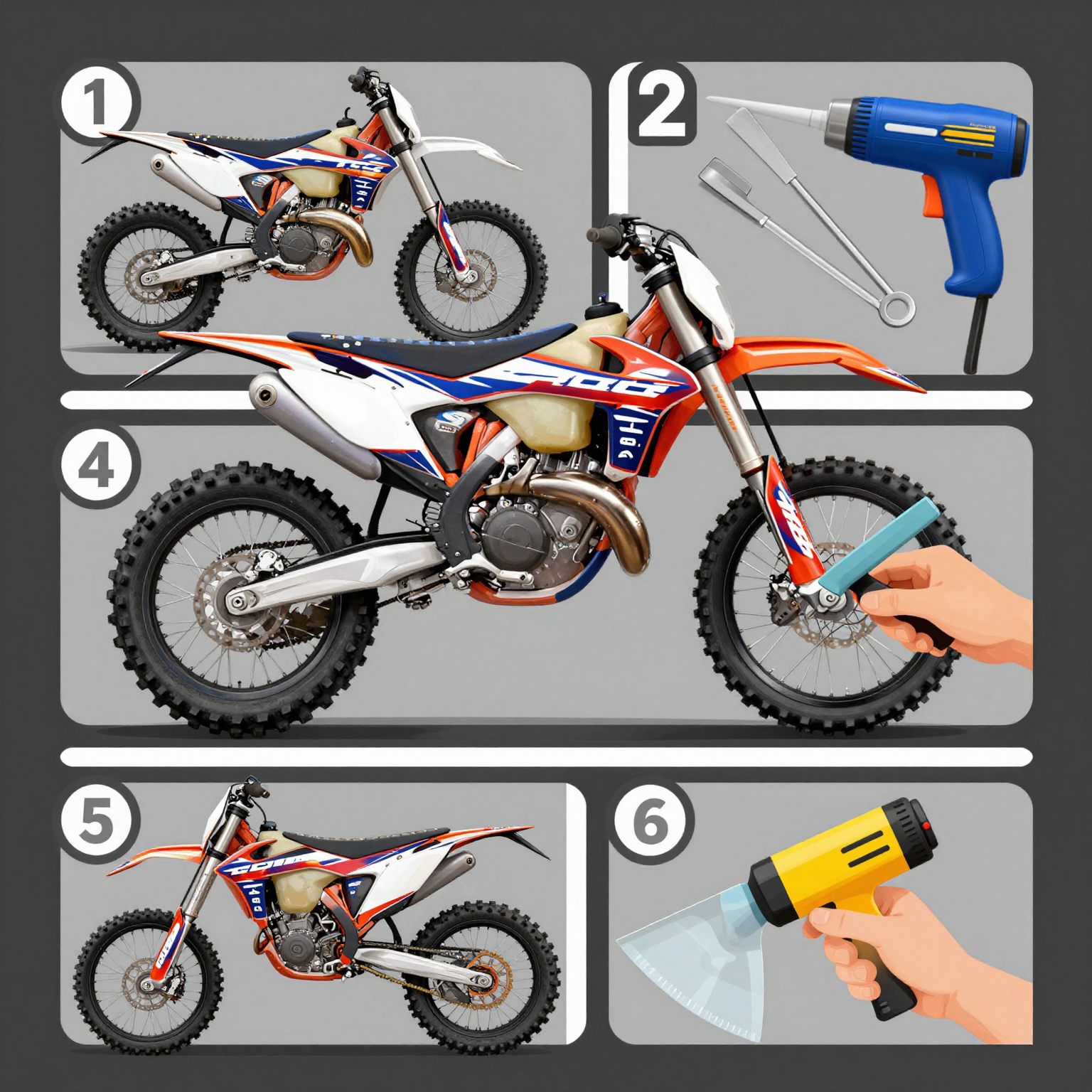 Step-by-step application of a graphics kit on a dirt bike