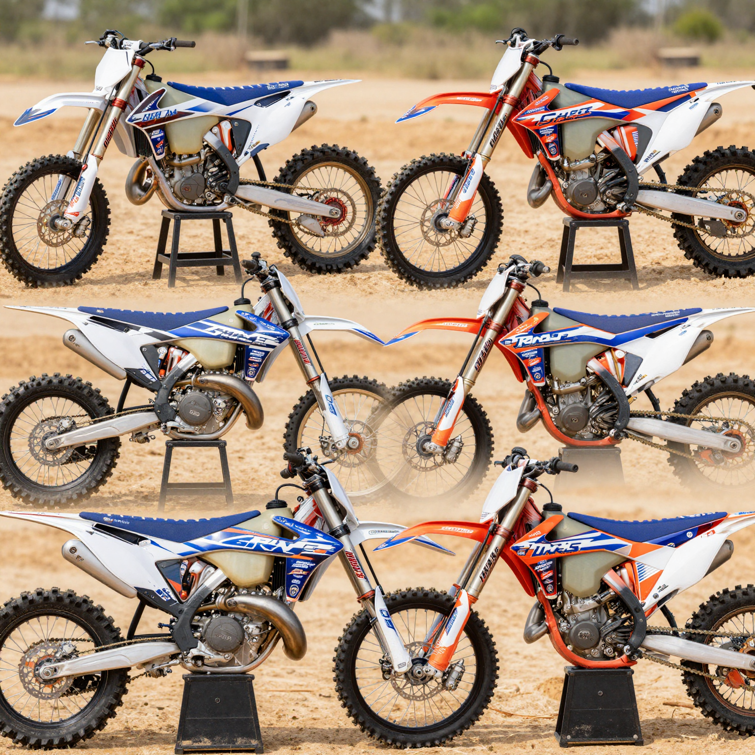 A variety of dirt bike graphics kits displayed on different bikes. The image should feature full kits, custom kits, and half kits applied to different dirt bike models, showcasing colorful designs and vibrant stickers. Include close-ups of the graphics to highlight their unique styles and textures.