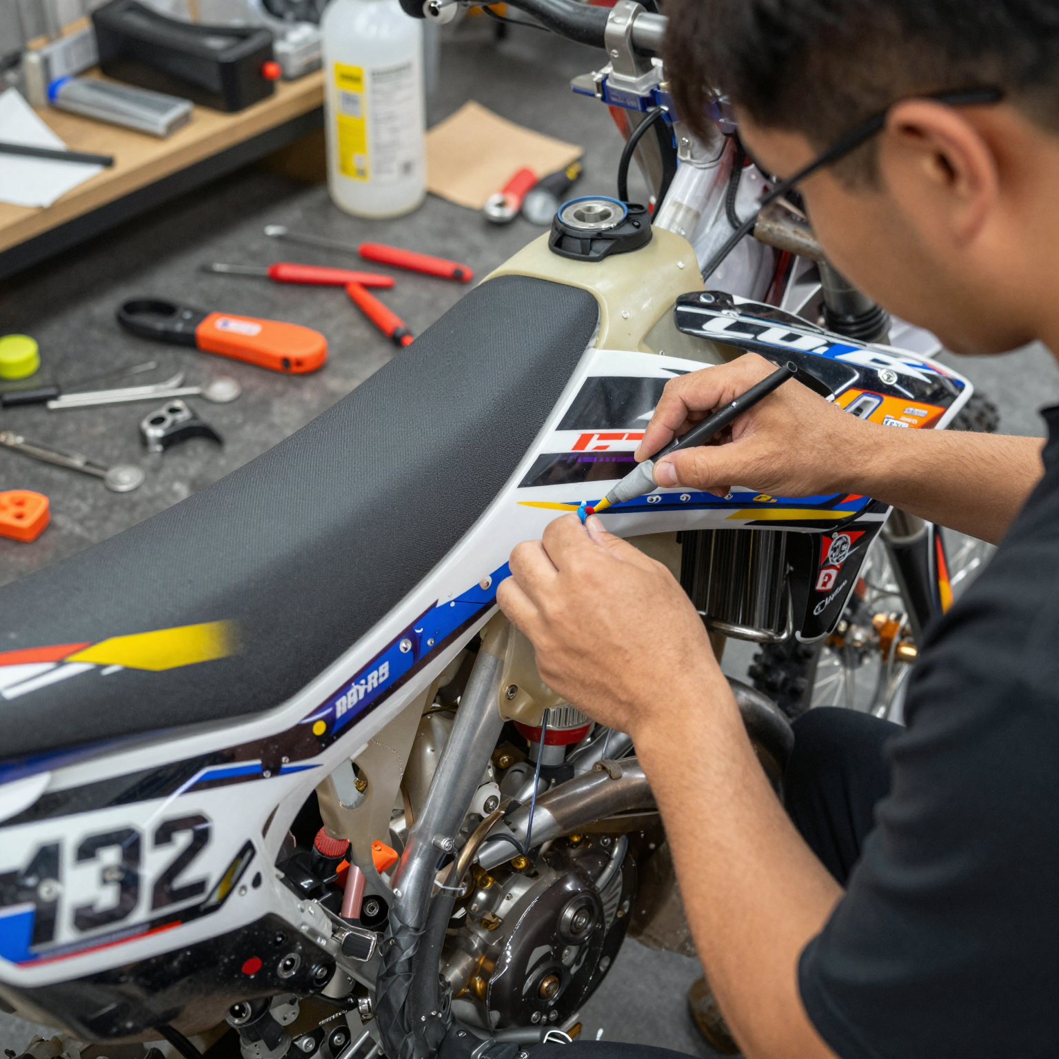 Technician Installing Dirt Bike Graphics Kit