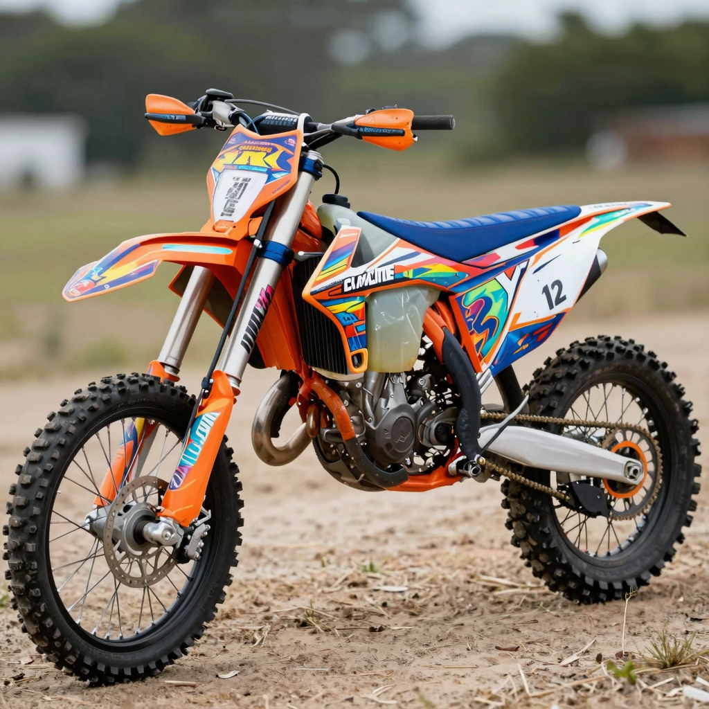 Dirt bike with vibrant custom graphics