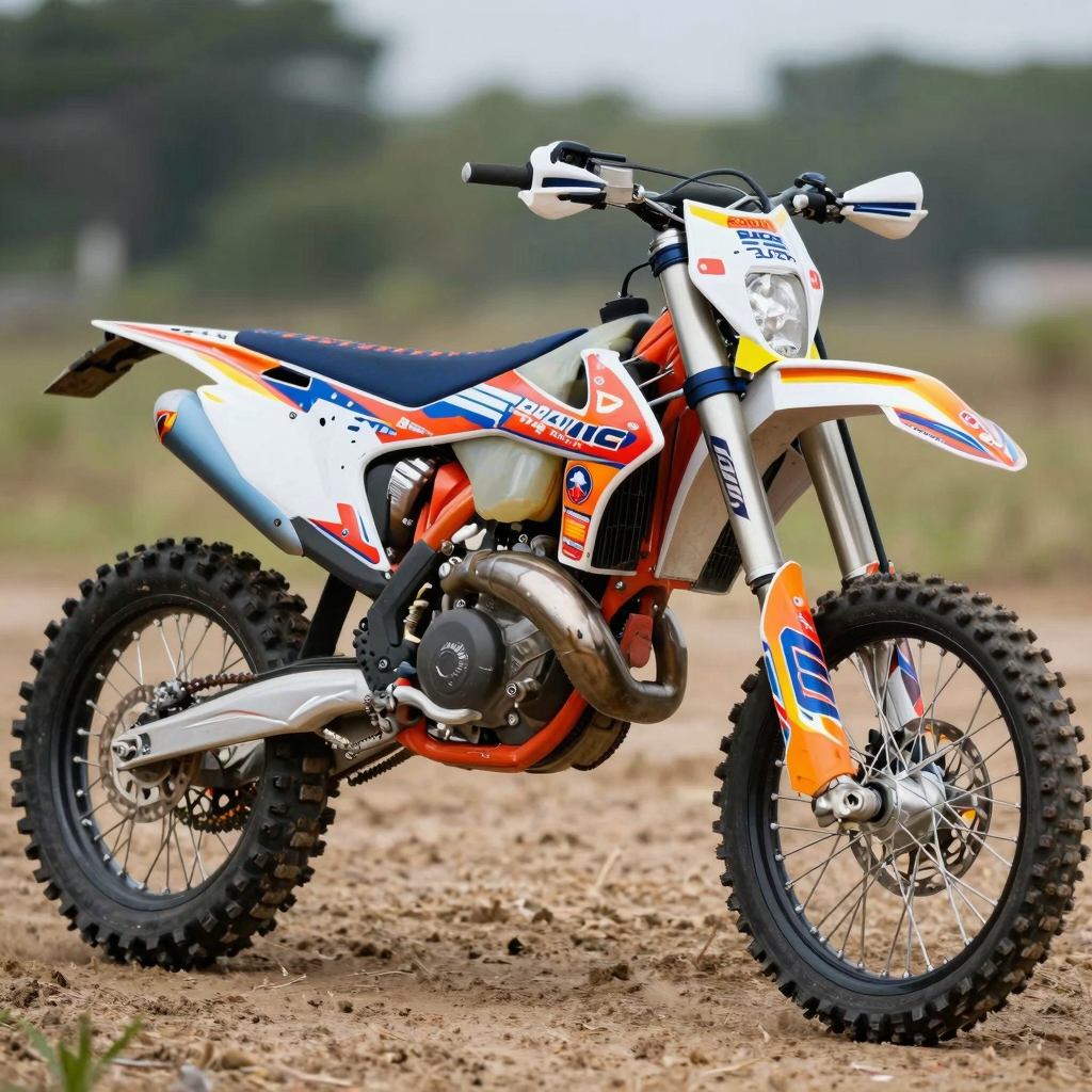 A vibrant dirt bike showcasing a custom graphic kit, highlighting various colors and designs.