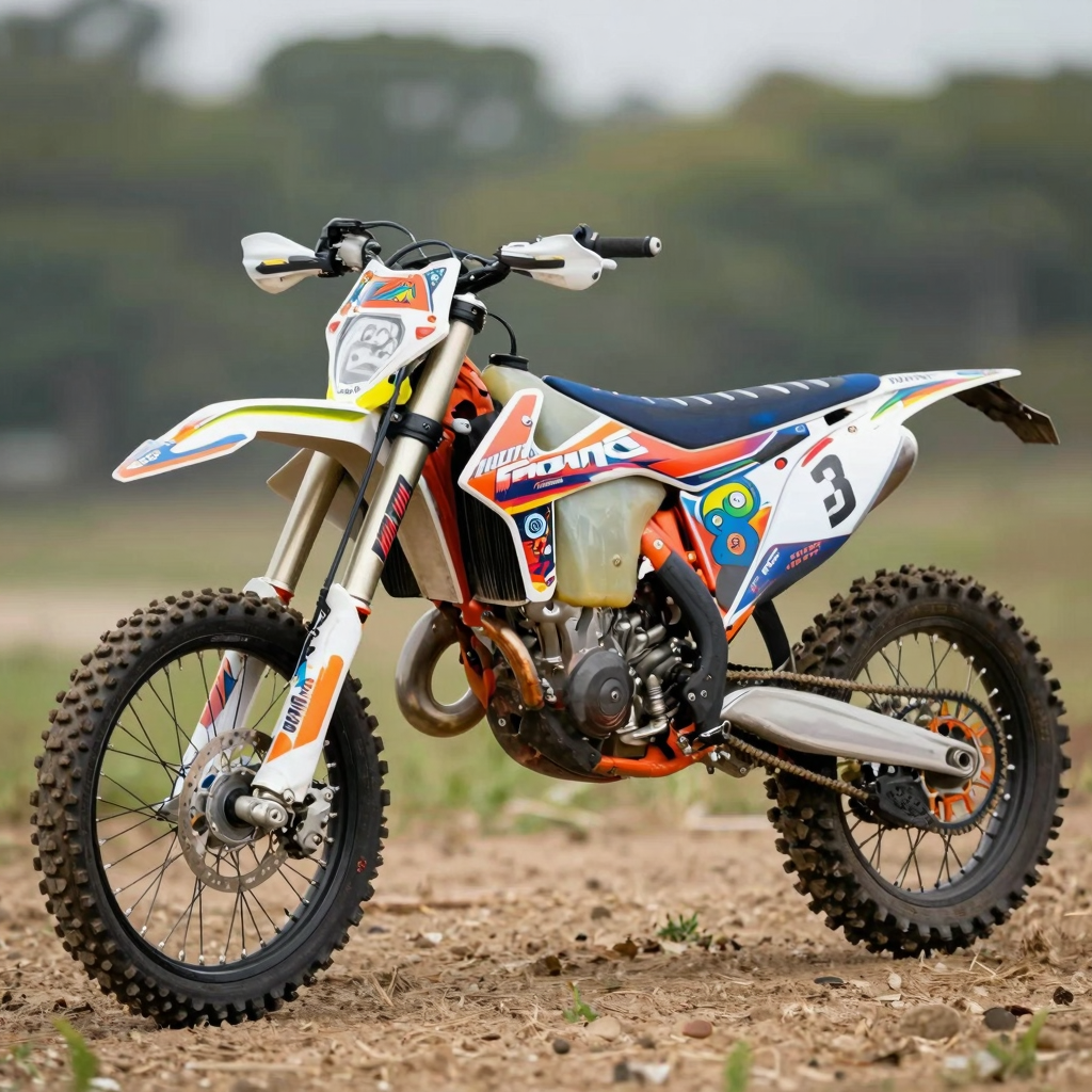 A well-decorated dirt bike with eye-catching graphics