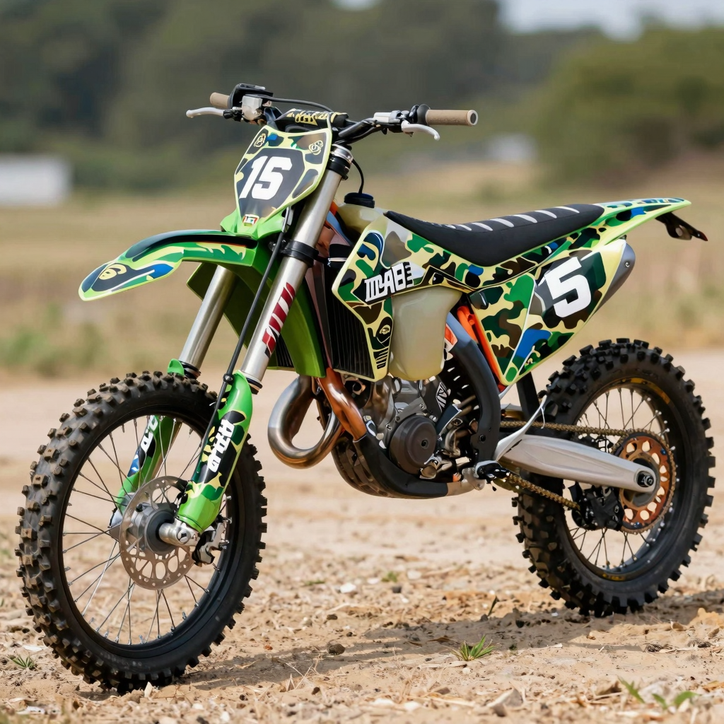BAPE-inspired camo dirt bike graphics kit on a custom motocross bike