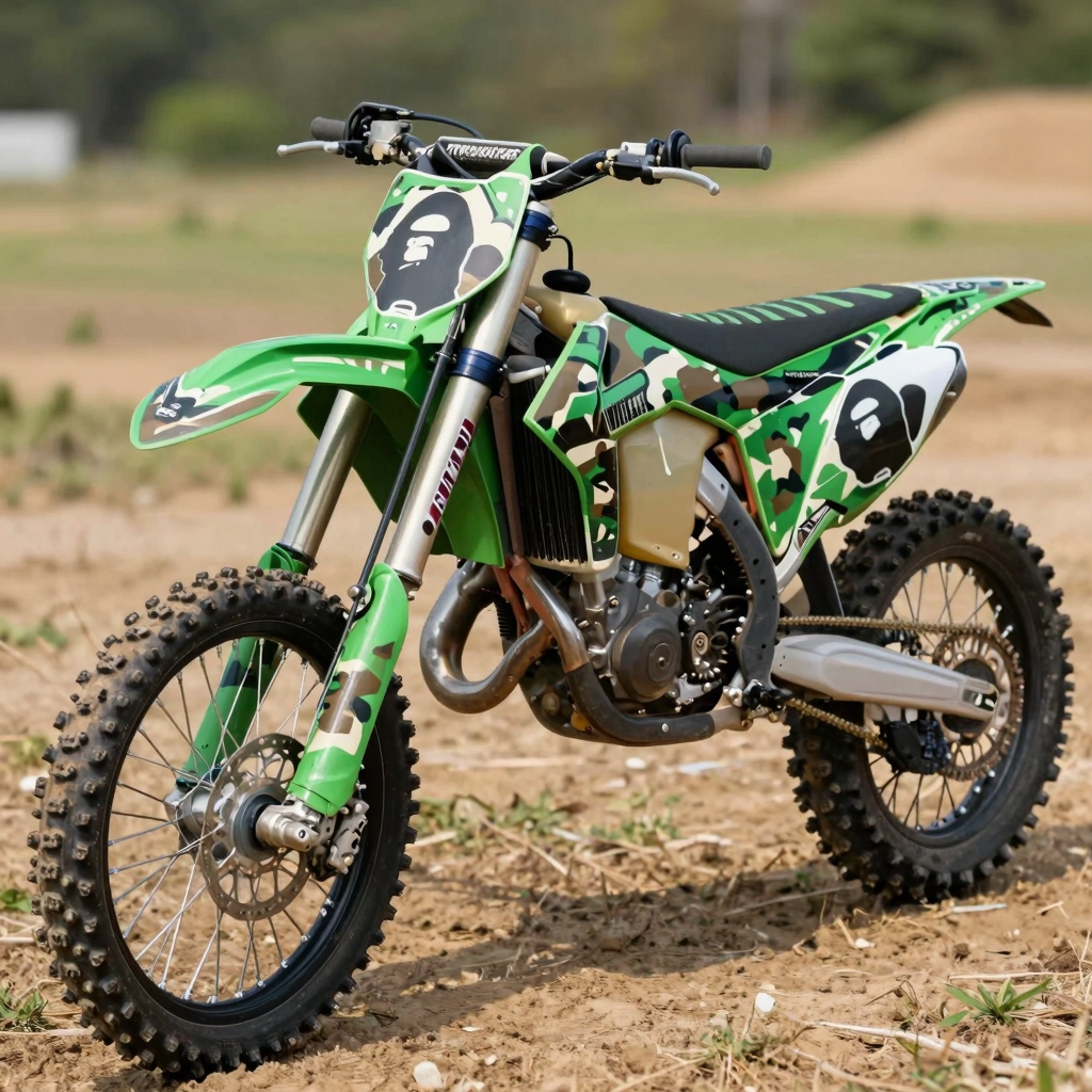 Custom BAPE-inspired dirt bike graphics featuring camouflage patterns and ape-head style logos on the front plate and fenders