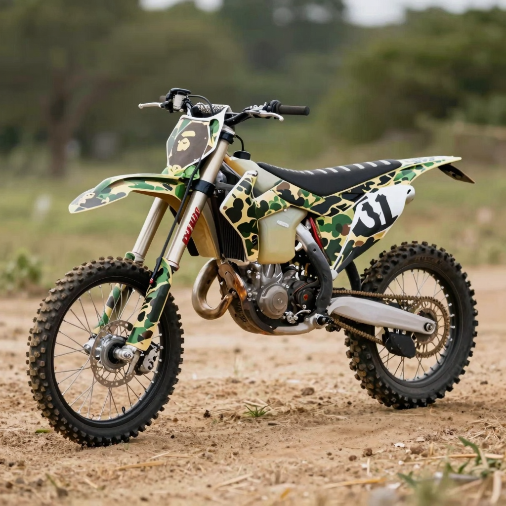 BAPE-inspired camo pattern dirt bike side profile on a dirt trail