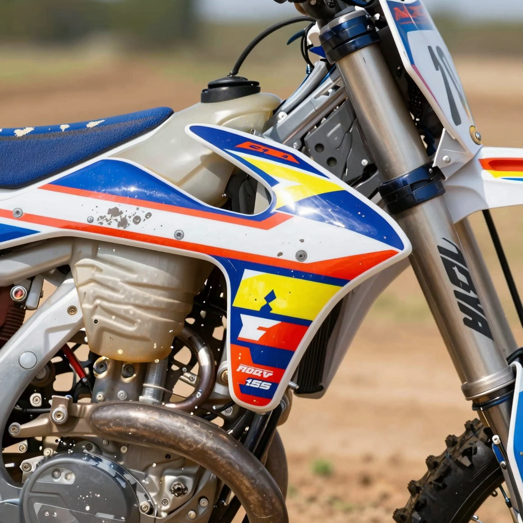 Close-up of vibrant custom dirt bike graphics on a glossy plastic panel with UV-resistant coating