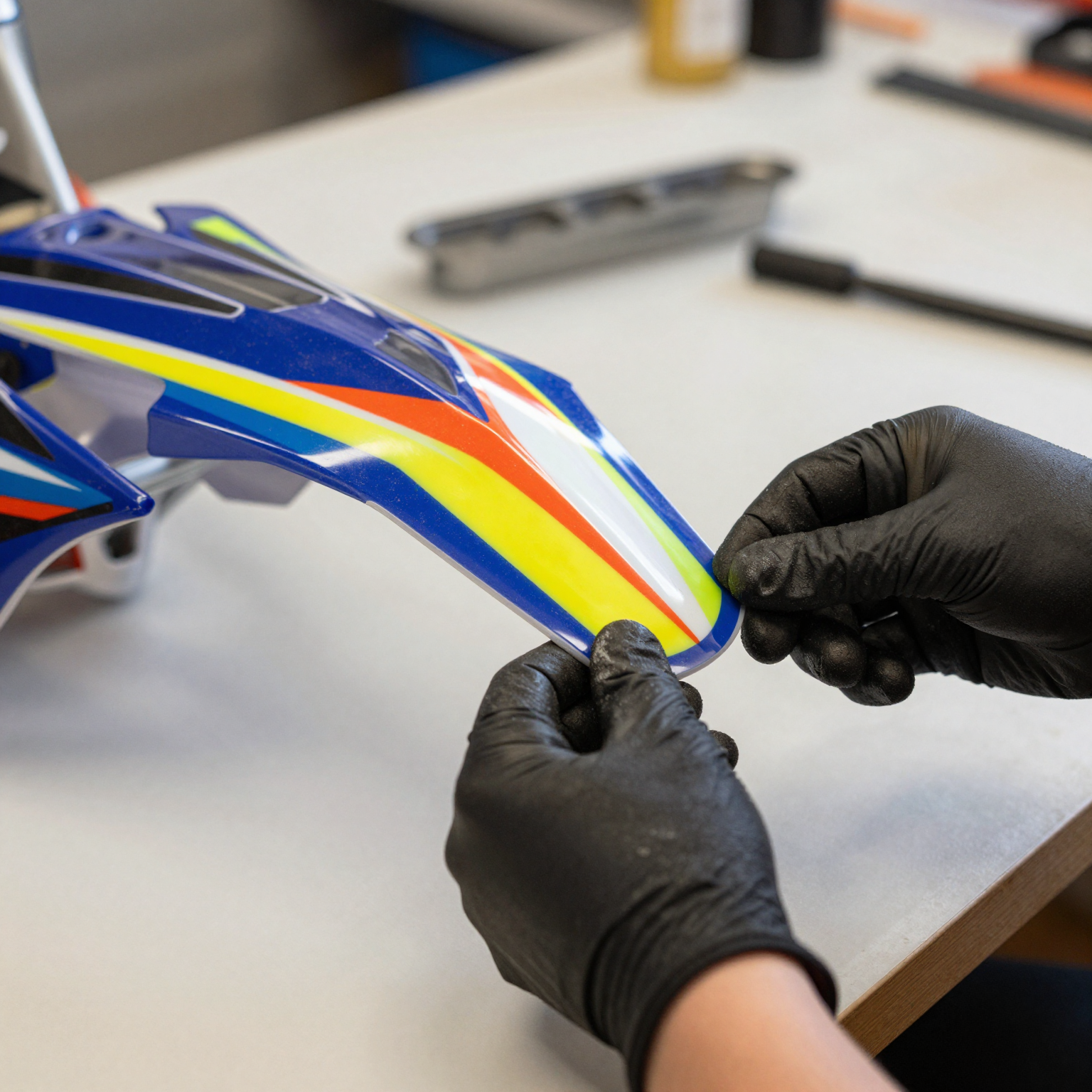 Hands in gloves carefully aligning a dirt bike graphic on a side panel in a well-lit workshop