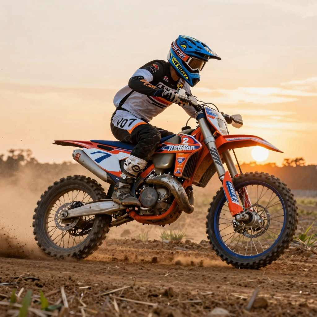 Dirt bike with custom graphics riding at sunset
