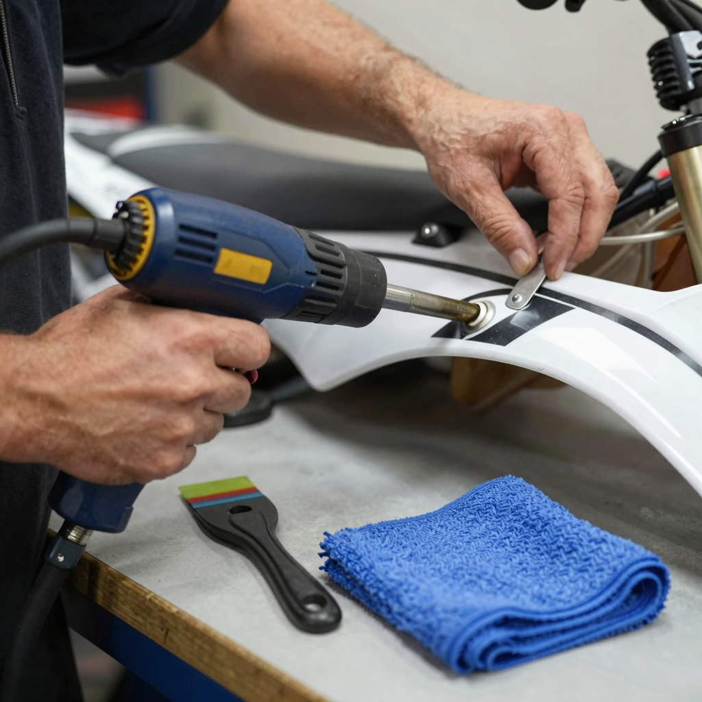 A technician applying heat to a dirt bike graphic on a curved panel with a squeegee nearby