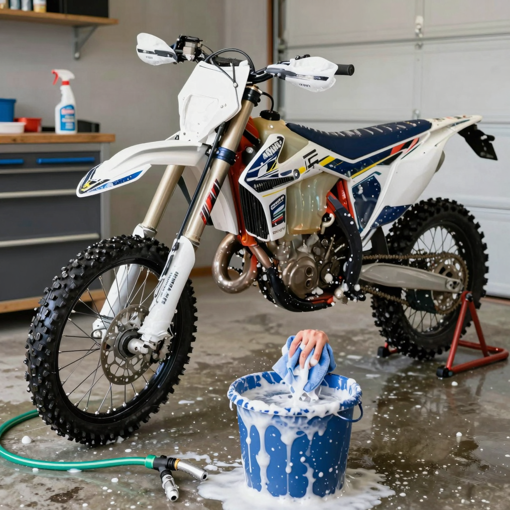 Gently washing dirt bike graphics with a microfiber cloth in a garage