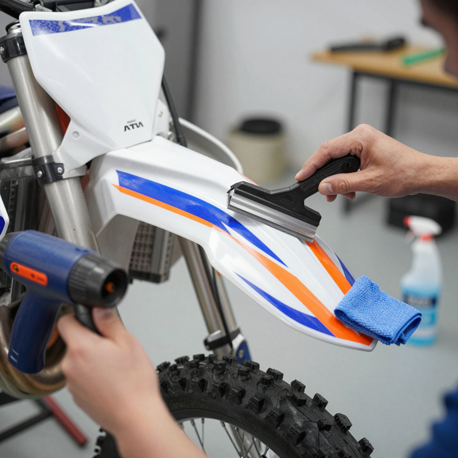 Step-by-step dirt bike graphics installation showing hands using a squeegee to apply a colorful racing-stripe vinyl graphic to a dirt bike fender, with heat gun and tools visible in a garage workspace