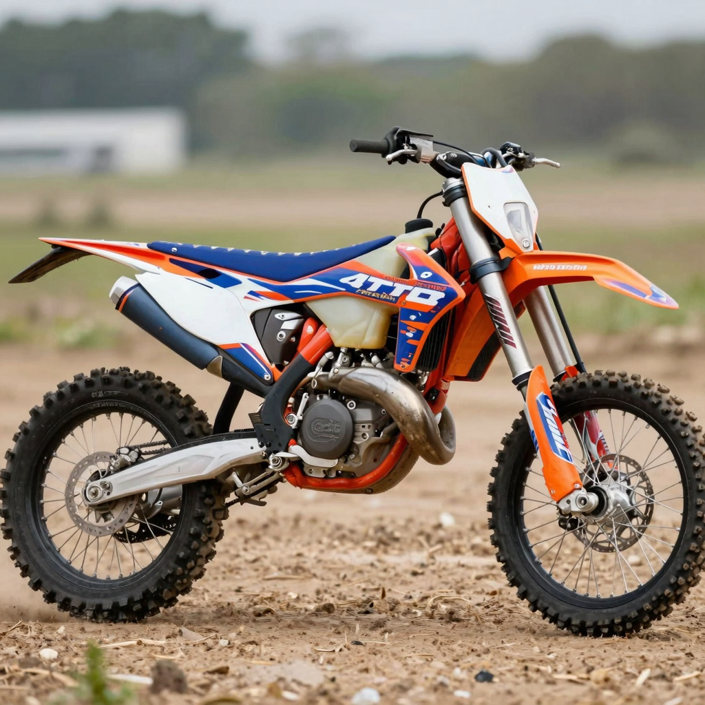 A vibrant dirt bike with eye-catching graphics against an adventurous background.