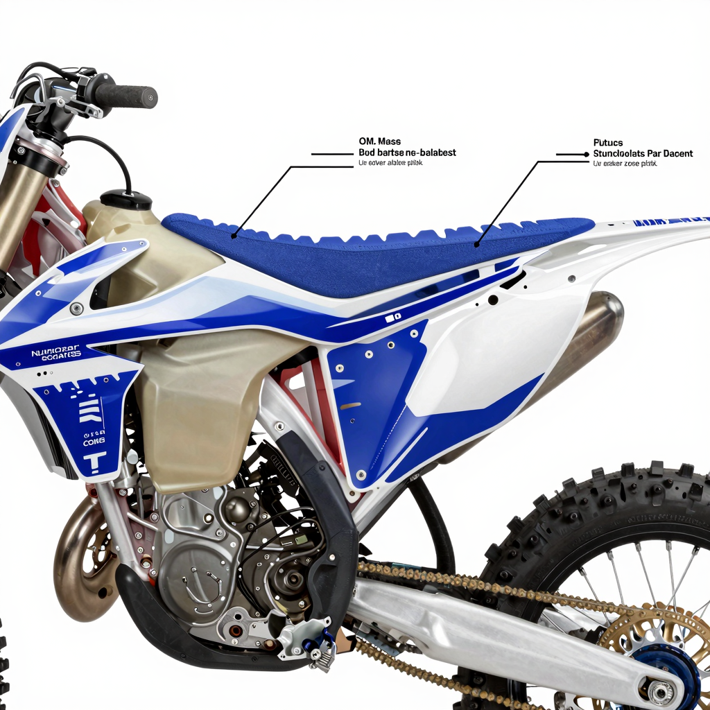 Dirt bike graphics fitment and compatibility technical illustration showing OEM vs aftermarket plastics, shroud contour match, airbox cutouts, number plate backgrounds, and pre-drilled vent holes