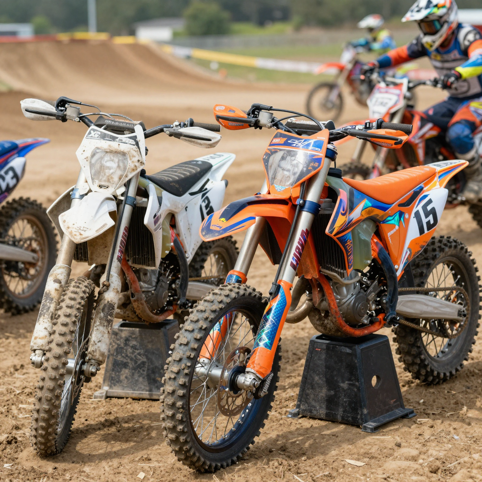 A faded dirt bike without graphics next to a custom-wrapped bike with a vibrant graphic kit at a motocross track