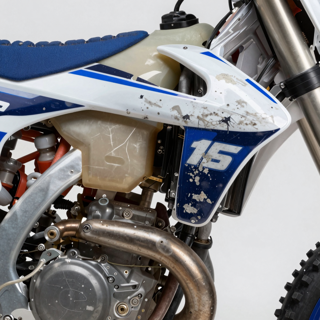 Close-up comparison of protected vs. unprotected dirt bike plastic showing scratch and UV damage contrast