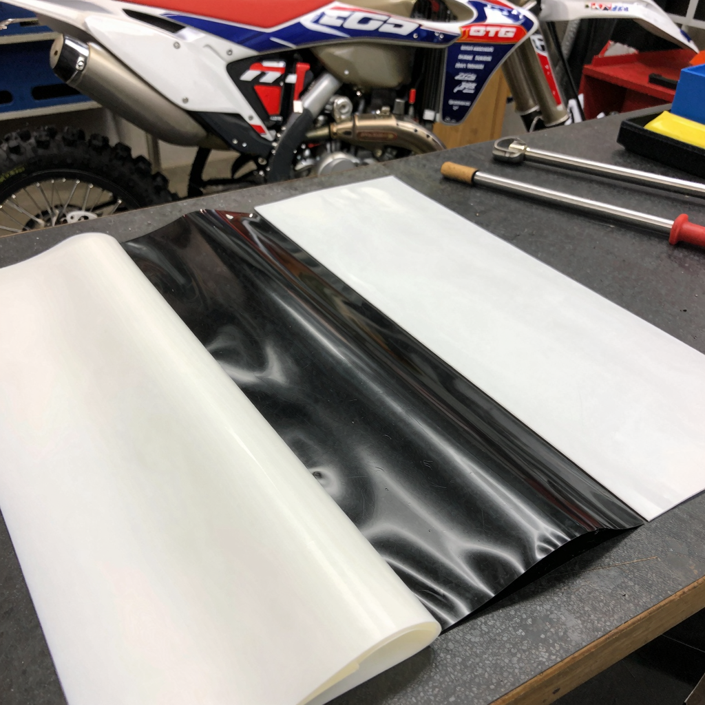 Comparison of dirt bike vinyl material types including calendared, cast, and air-release vinyl samples on a workshop bench