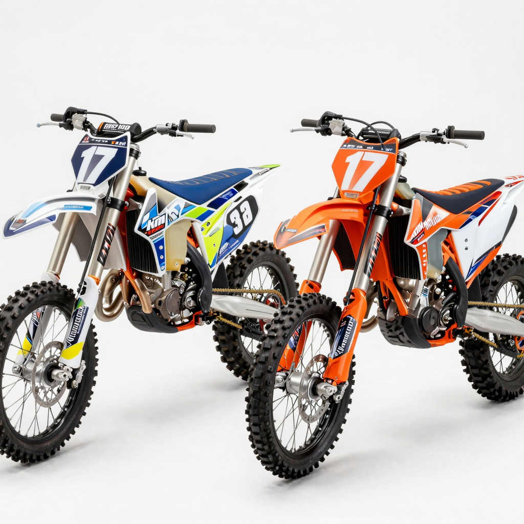 Comparison of custom dirt bike graphics (left) vs pre-designed replica kit graphics (right)