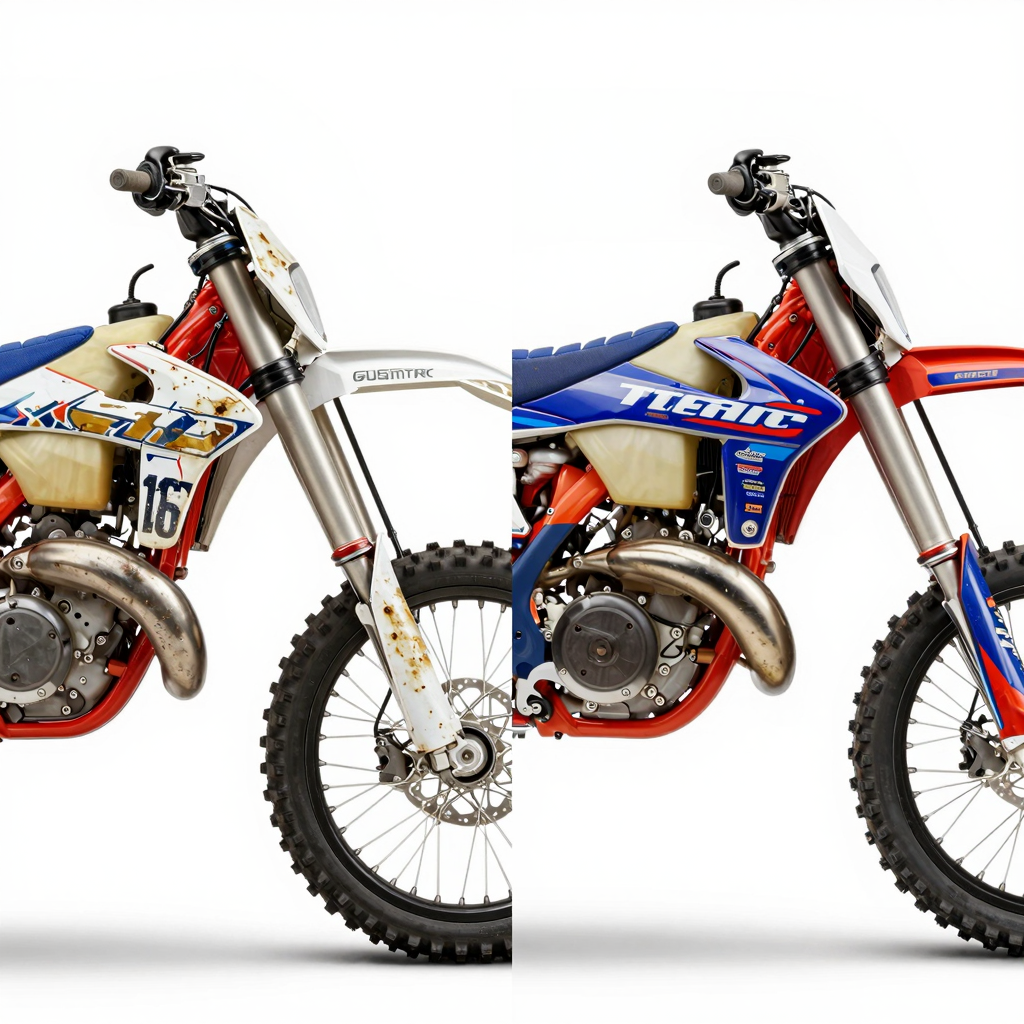 Side-by-side comparison of a dirt bike with old, faded, peeling graphics on the left and fresh, vibrant custom graphics on the right