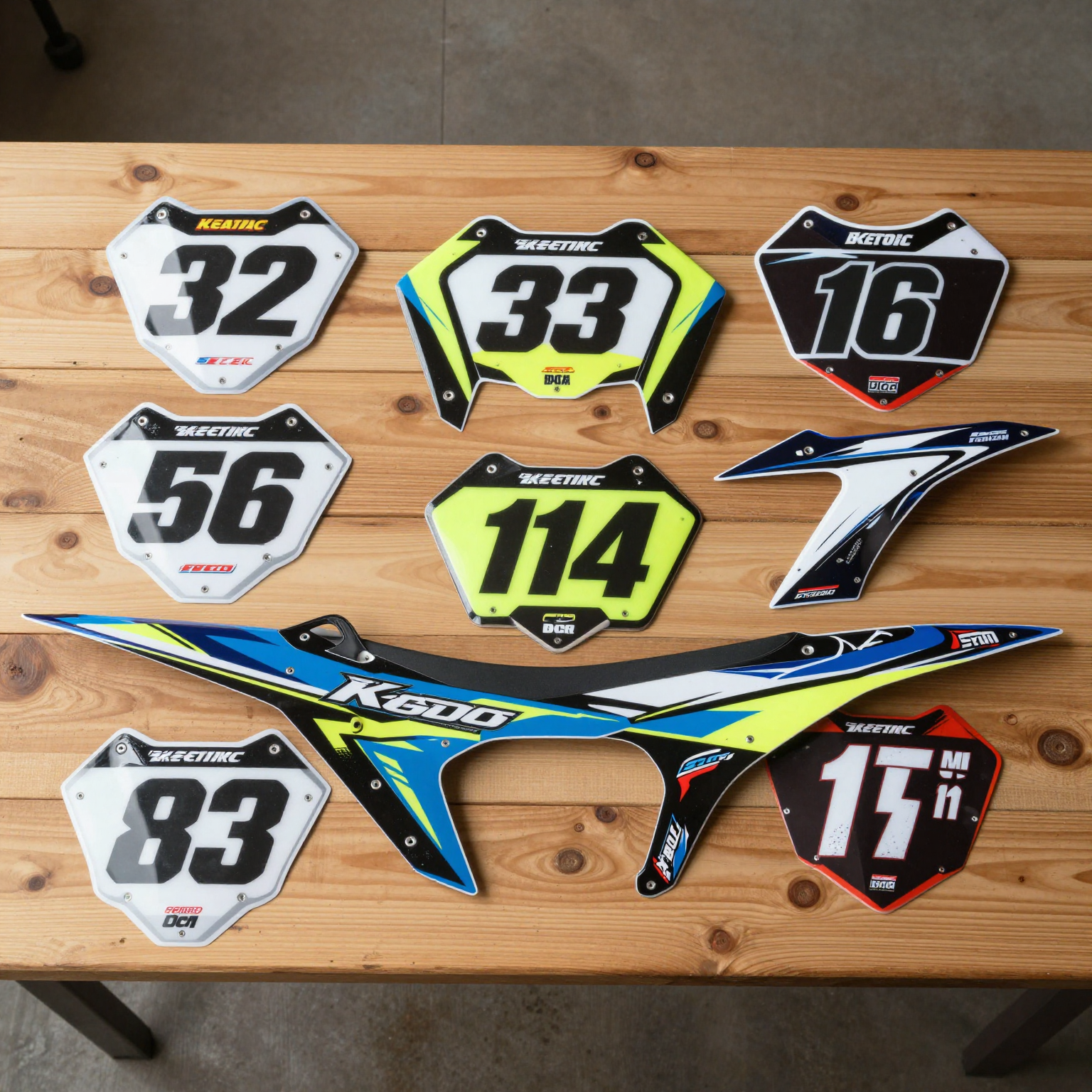 Dirt bike graphics kits and decals laid out on a workbench showing various colors and designs