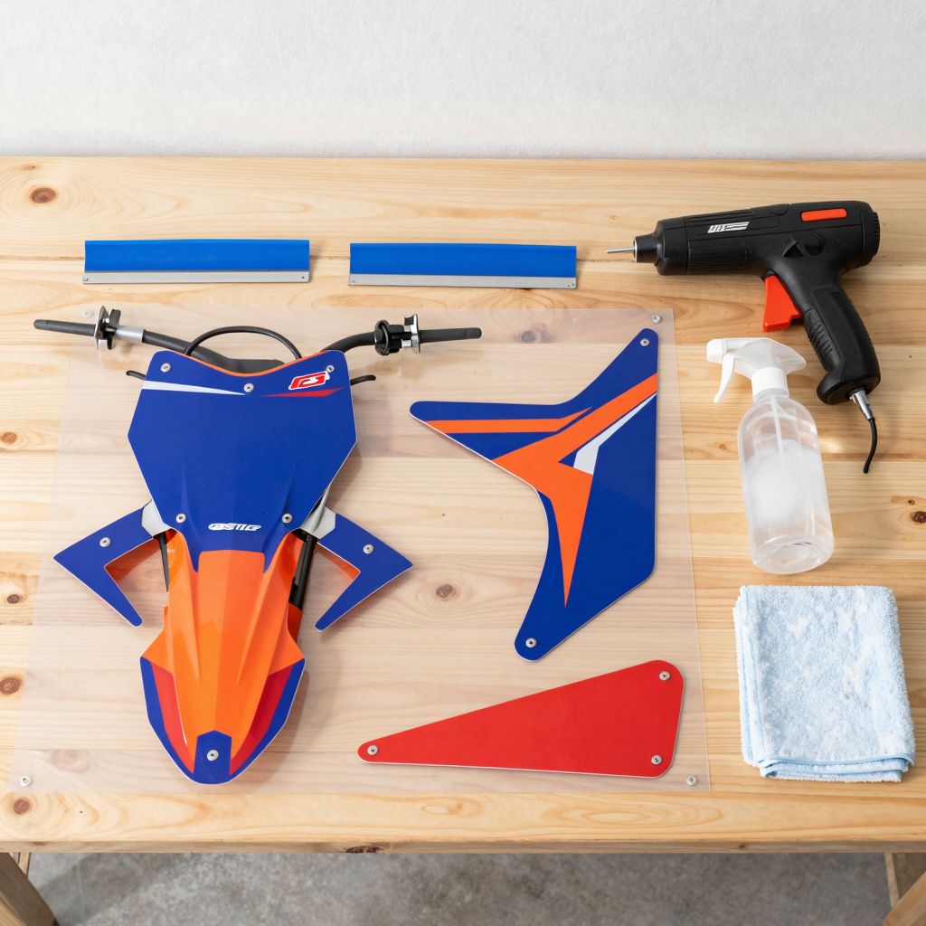 Dirt bike graphics kit laid out on a clean workbench with squeegee, heat gun, spray bottle, and microfiber cloth