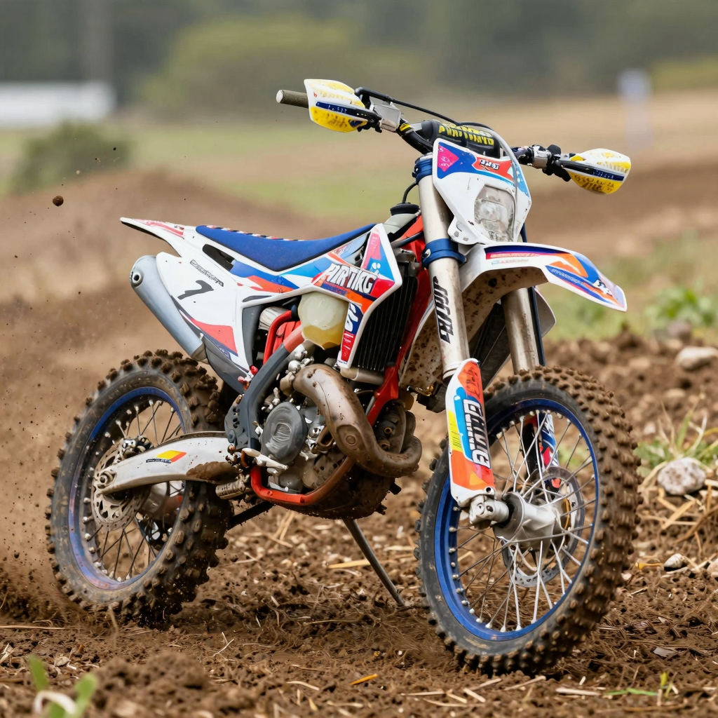 Dirt bike with custom graphics tearing through mud, showing protection in action