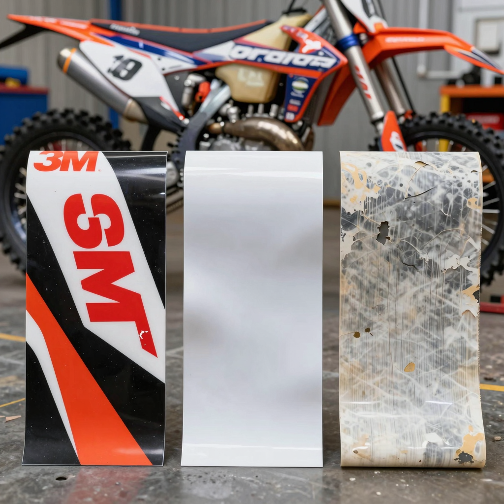 Dirt bike graphic vinyl comparison showing 3M, Orafol, and generic vinyl material samples