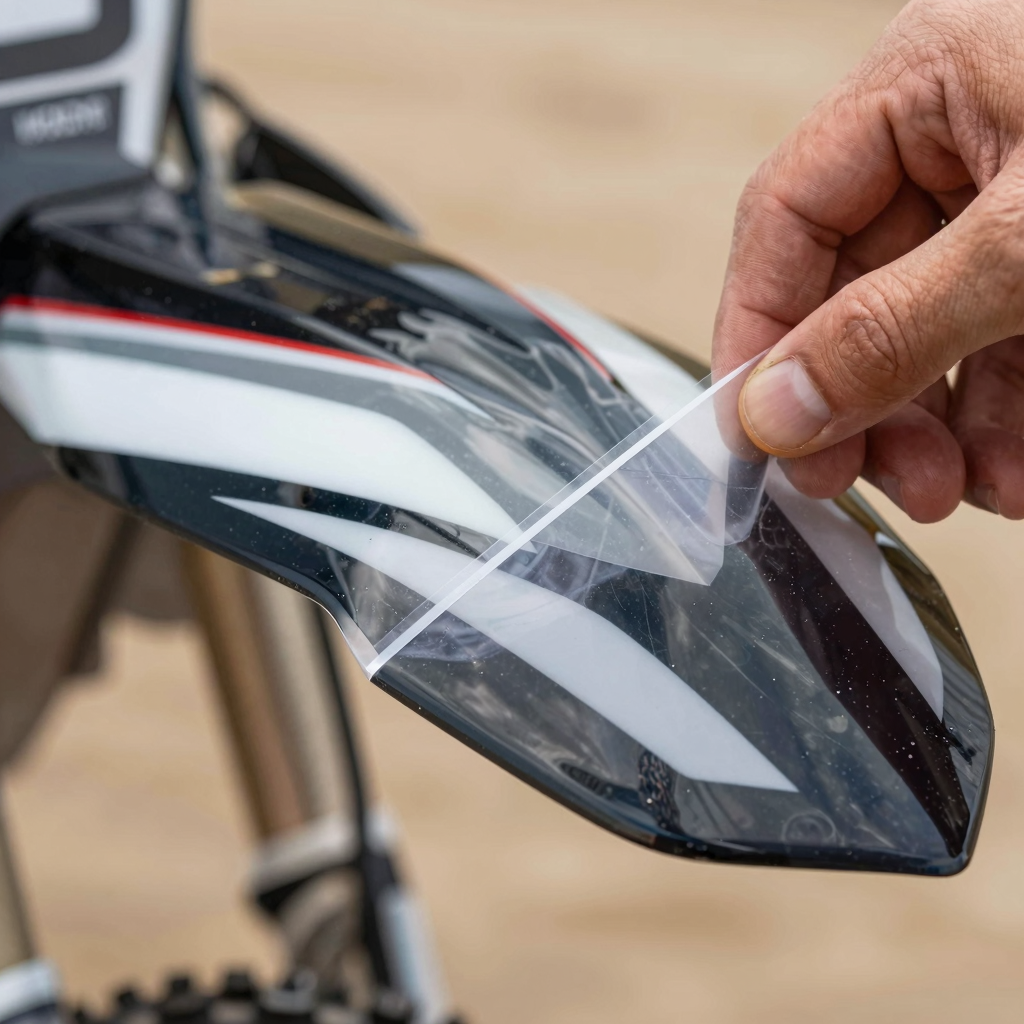 Close-up macro shot of premium dirt bike graphic vinyl being peeled, showing gloss finish and material thickness