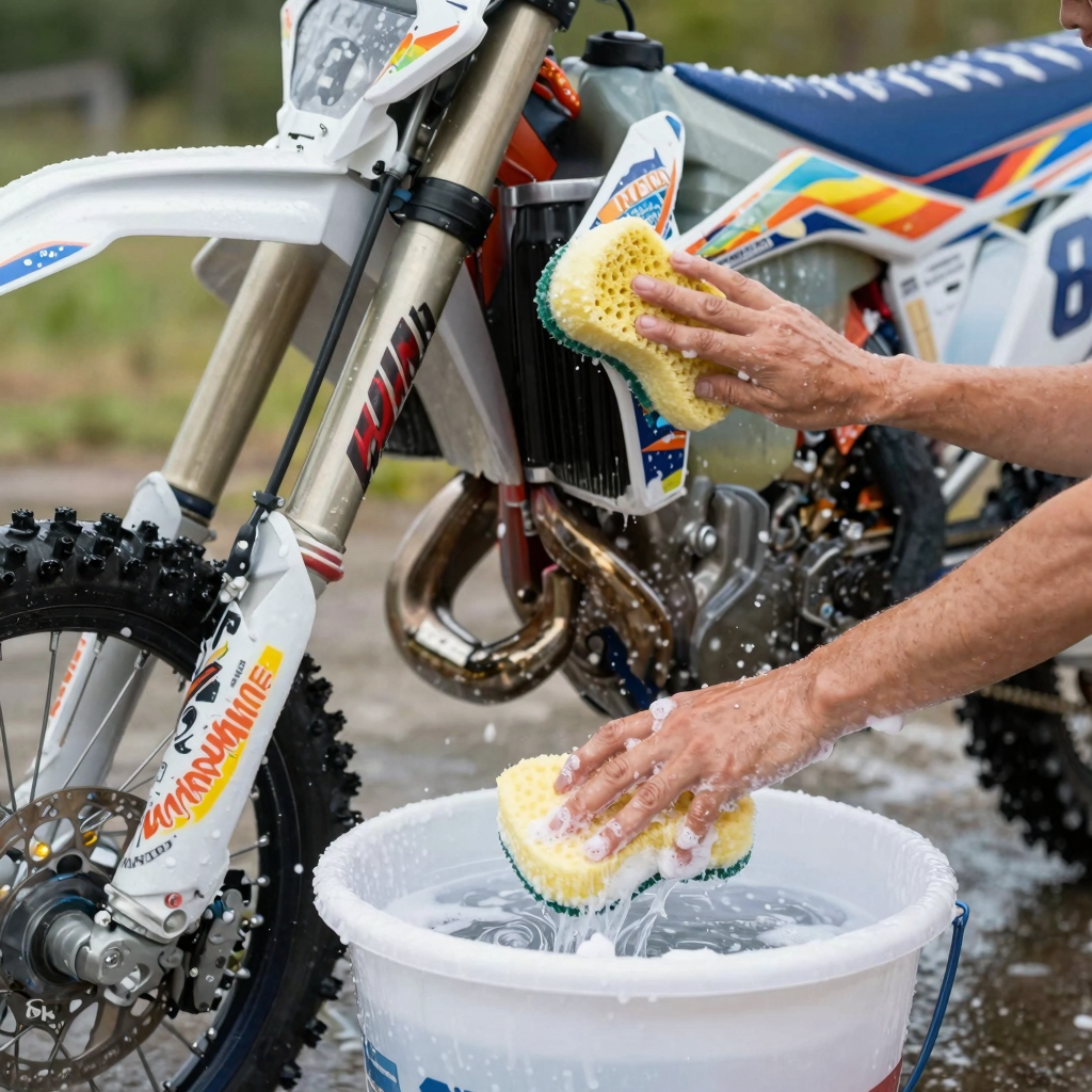 A dirt bike being gently hand-washed with a soft sponge and bucket, showcasing proper graphic care technique