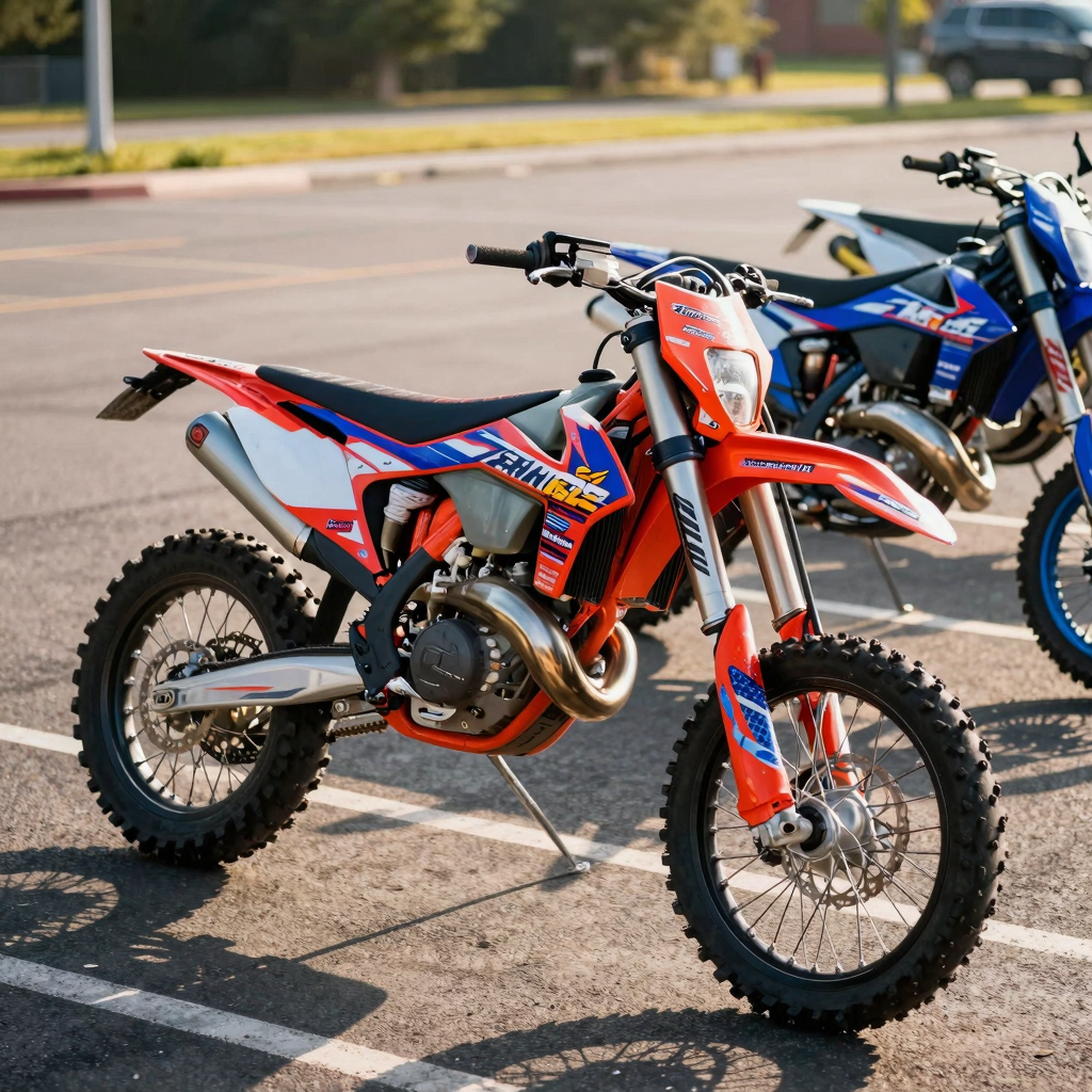 A custom dirt bike with vibrant graphics standing out in a parking lot, reflecting rider identity and style