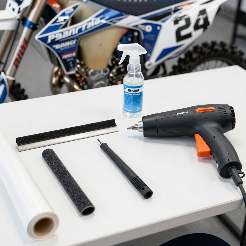 A professional workshop table setup with dirt bike graphic installation tools laid out neatly