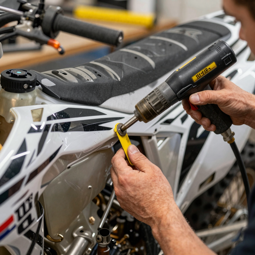 Technician applying heat to dirt bike graphics with proper distance and motion