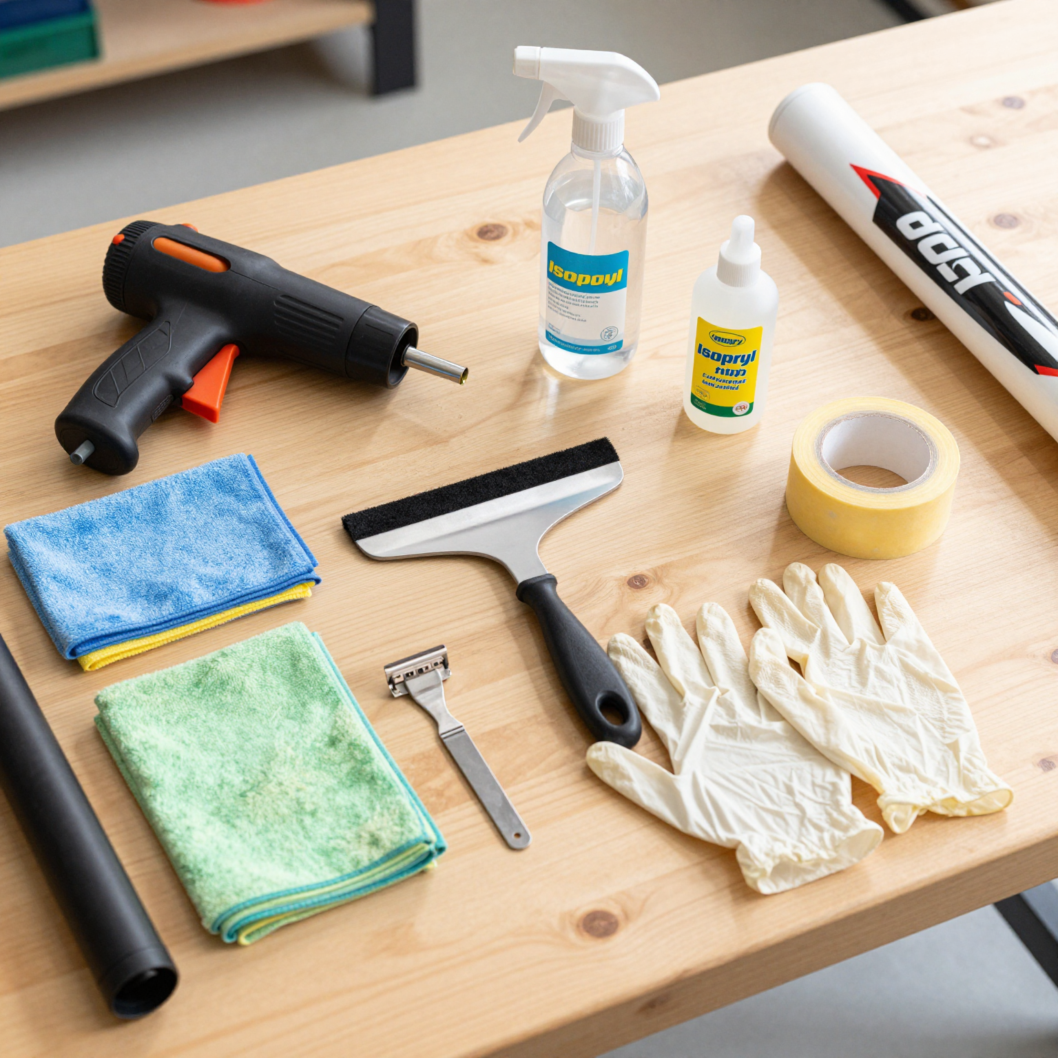 Dirt bike graphics installation tools laid out on a clean workbench