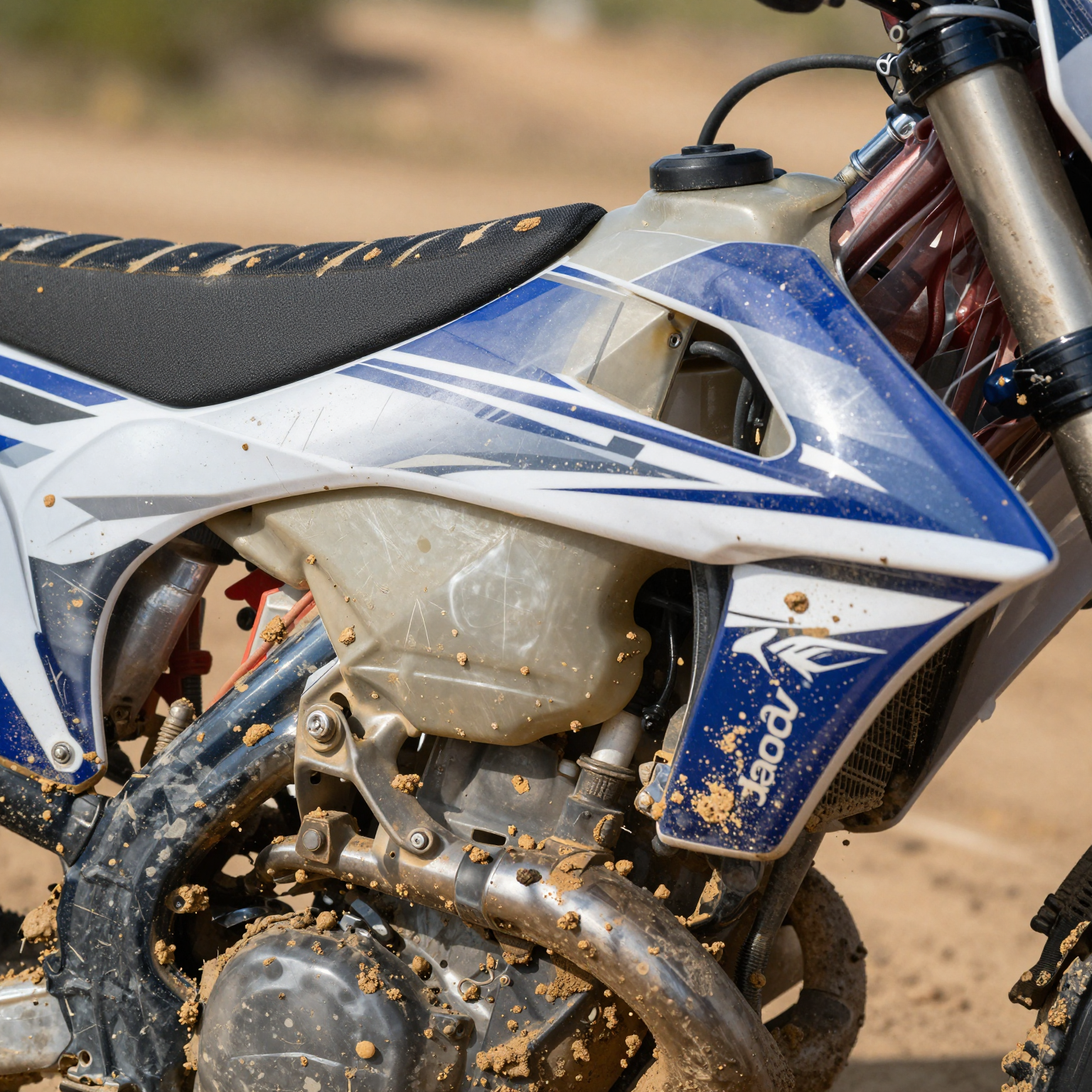 Close-up of professional dirt bike graphic withstanding mud and extreme conditions