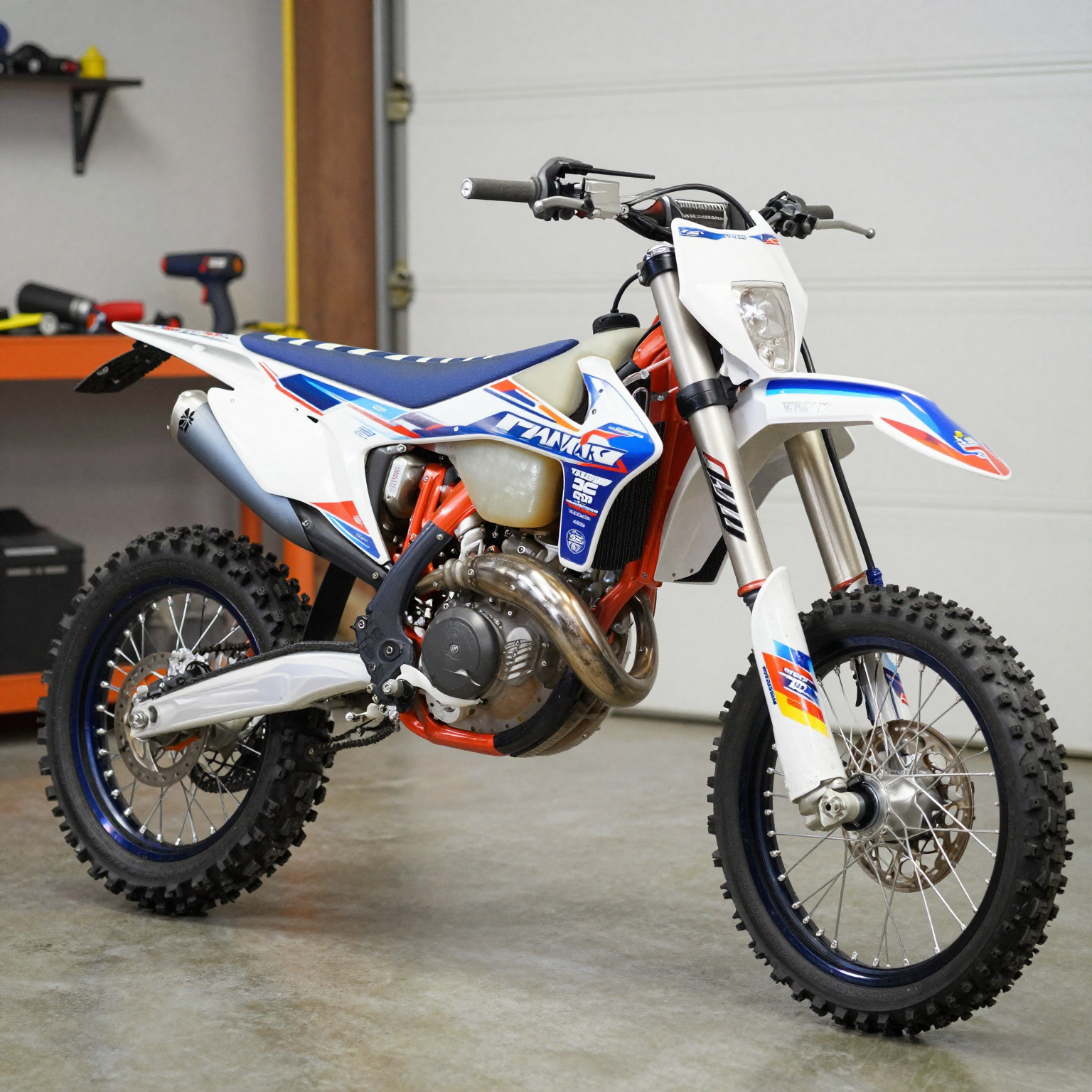 Completed Dirt Bike Graphics Installation Dirt bike with fresh custom graphics after professional installation, parked in a garage workshop