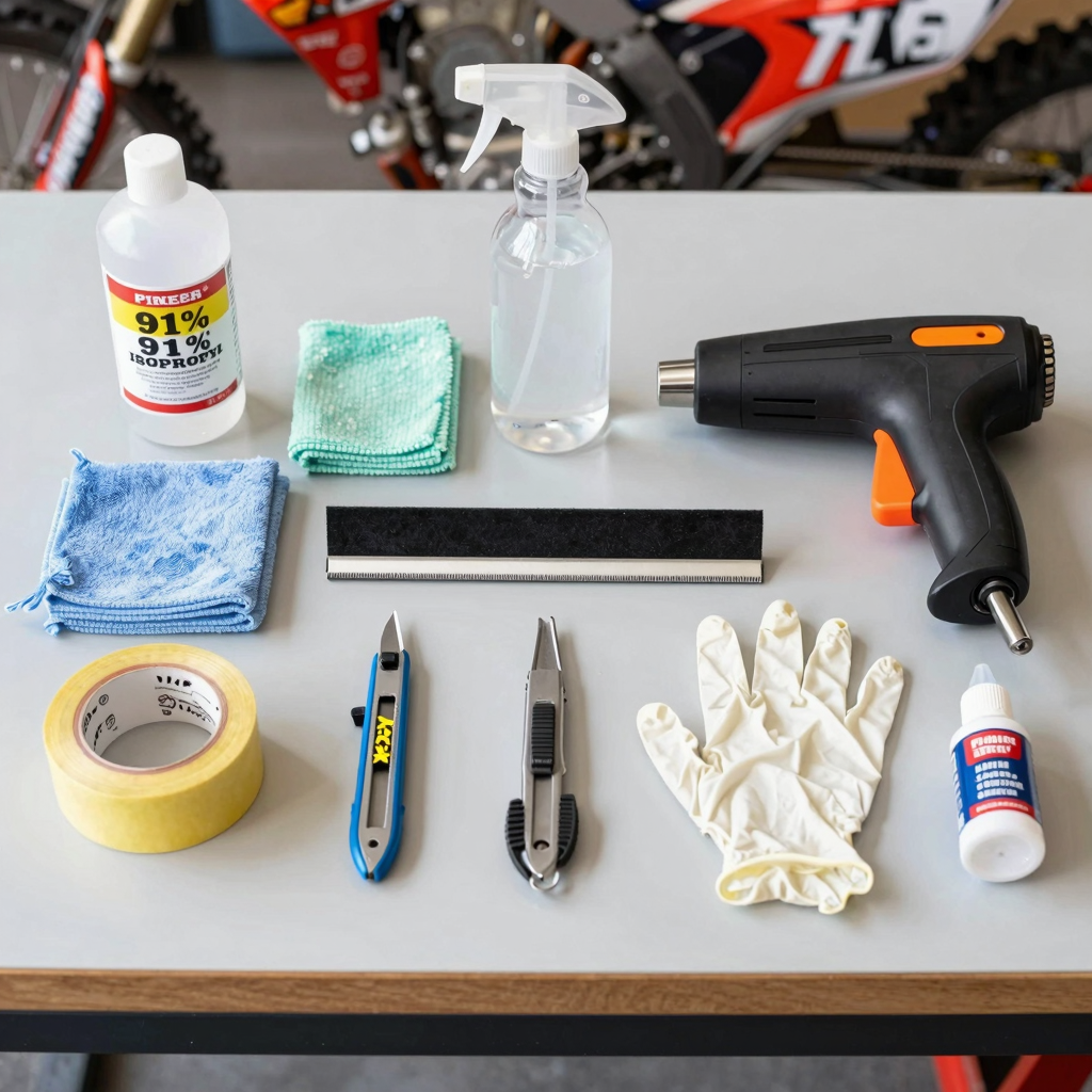 Dirt bike graphic installation tools laid out on a clean workbench, including isopropyl alcohol, microfiber cloths, heat gun, squeegee, spray bottle, painter's tape, X-Acto knife, nitrile gloves, and adhesion promoter.