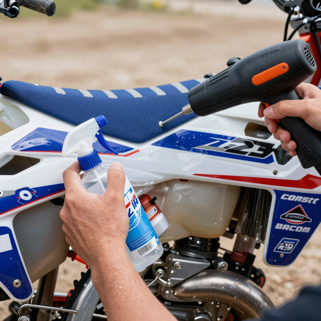 Wet vs dry application for dirt bike graphics showing spray bottle and heat gun