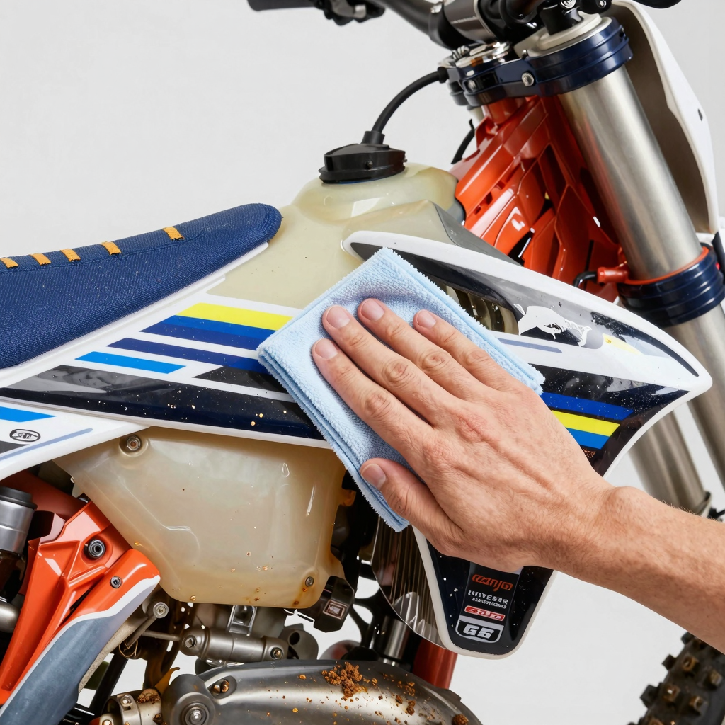 Wiping down dirt bike graphics with microfiber cloth