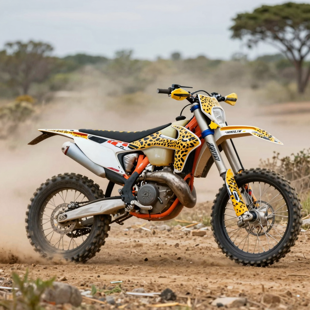 A vibrant dirt bike showcasing cheetah print graphics in action