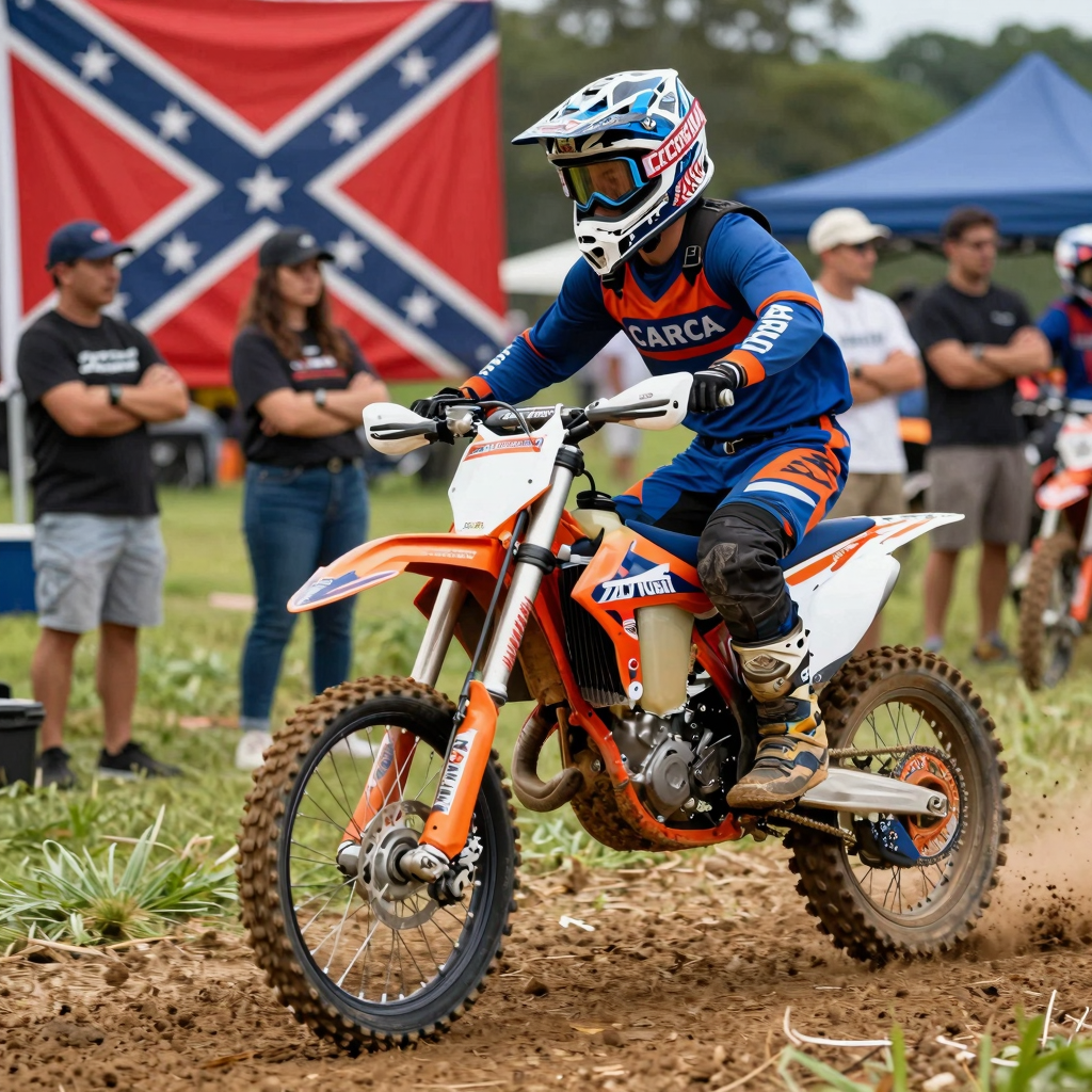 A dirt biker riding on an off-road trail, promoting inclusivity in the sport.