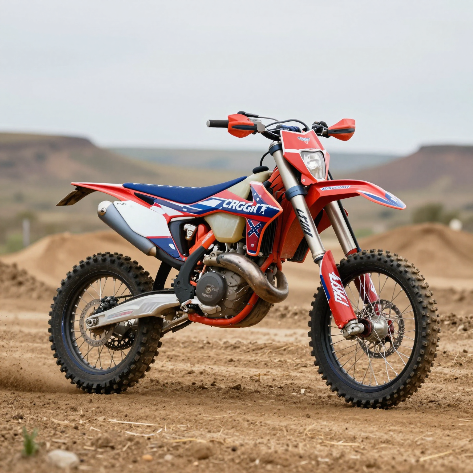 Dirt bike featuring Confederate flag graphics, in an off-road setting